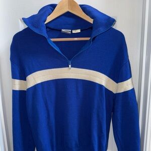 Vintage Obermeyer 1/4 Zip Collar Ski Sweater Mens Large 100% Wool Blue White